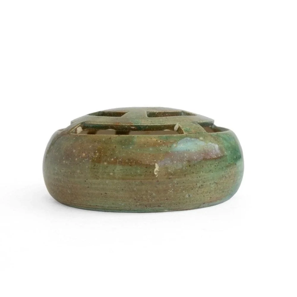 Vintage Green Pottery Flower Frog Bud Vase Flower Arranger Minimalist Decor